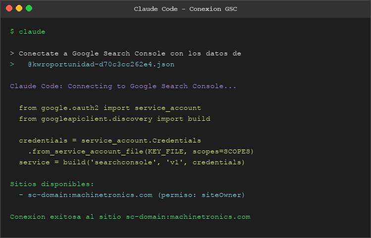 Captura de terminal mostrando la conexión exitosa de Claude Code con Google Search Console API usando cuenta de servicio