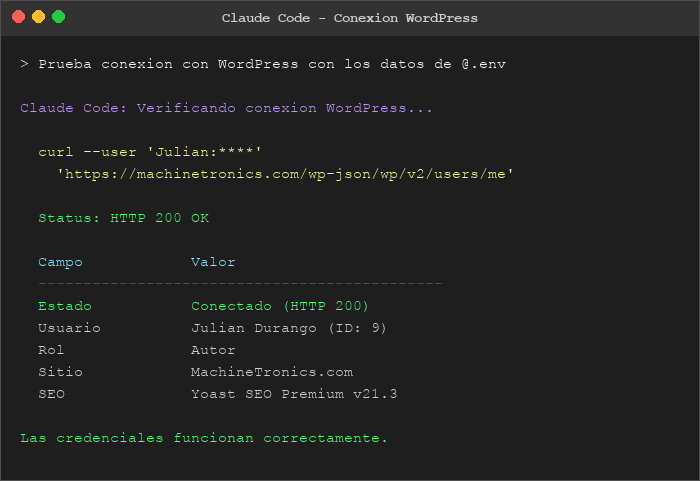 Terminal mostrando la conexión exitosa de Claude Code con la API REST de WordPress usando Application Password