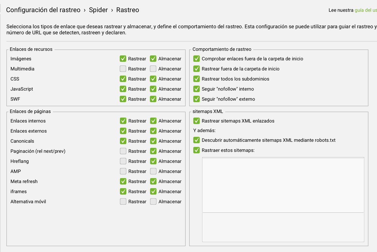Configuración del Spider en Screaming Frog - opciones de rastreo y almacenamiento